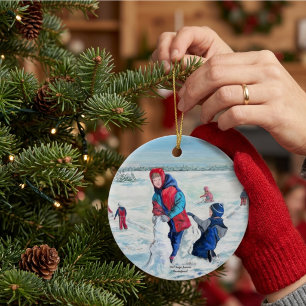 Vintage Blue HOLIDAY Children winter scene. Ceramic Tree Decoration