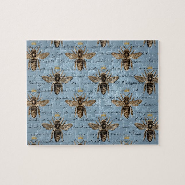 Vintage Blue Honey Bee Jigsaw Puzzle (Horizontal)