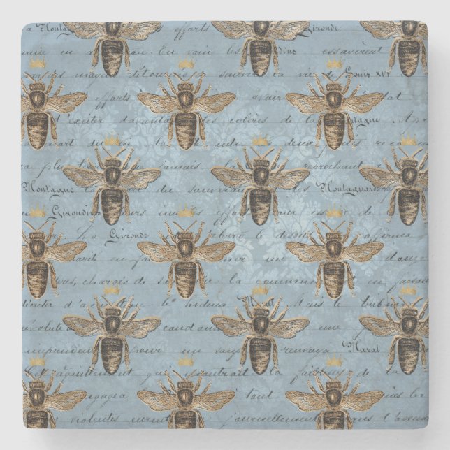 Vintage Blue Honey Bee Stone Coaster (Front)