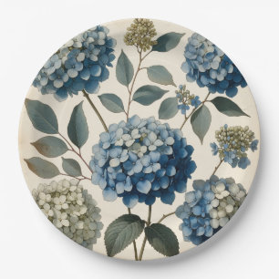 Vintage Blue Hydrangea Botanical Paper Plate
