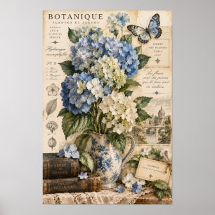 Vintage Blue Hydrangea Butterfly Botanical Wall Ar Poster
