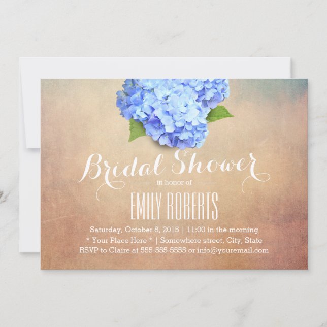 Vintage Blue Hydrangea Elegant Bridal Shower Invitation (Front)