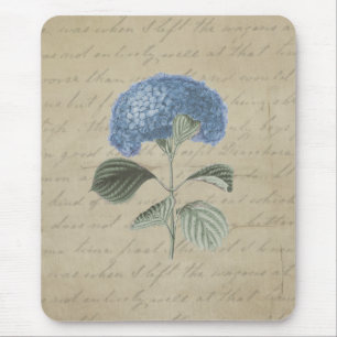 Vintage Blue Hydrangea Floral Antique Calligraphy Mouse Mat