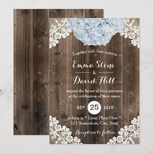 Vintage Blue Hydrangea Floral Lace Barn Wedding Invitation