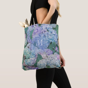 Vintage Blue Hydrangea Floral Monogram Initial Tote Bag