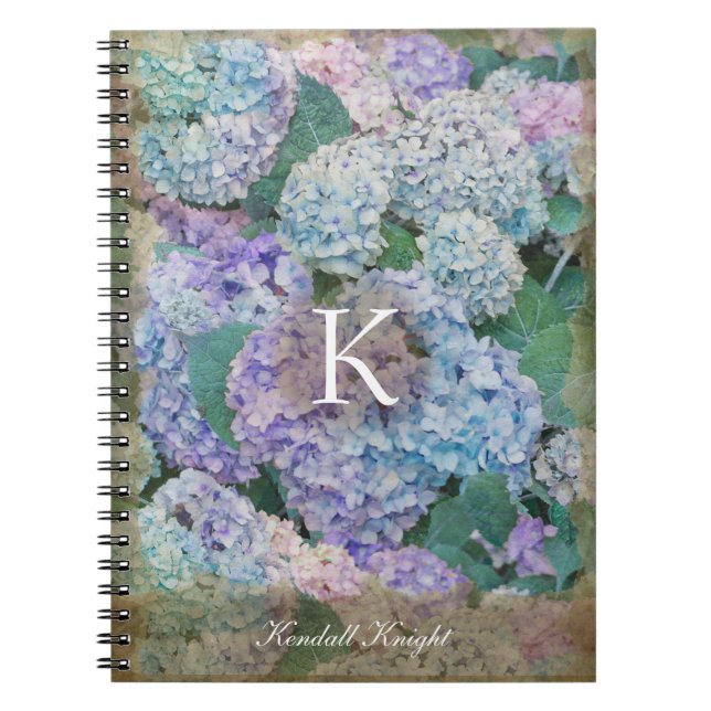 Vintage Blue Hydrangea Floral Monogram Name Notebook (Front)