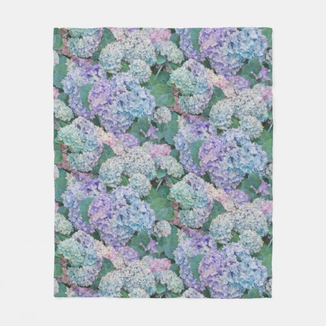 Vintage Blue Hydrangea Floral Pattern Fleece Blanket (Front)