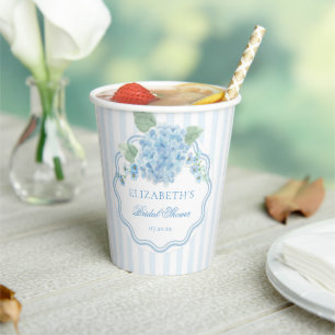 Vintage Blue Hydrangea Flower Elegant Stripe Wavy Paper Cups