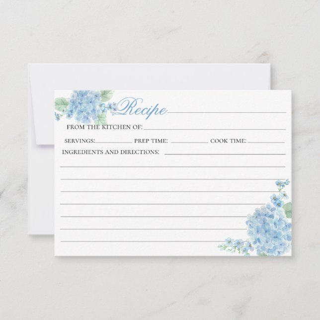 Vintage Blue Hydrangea Flower Garden Recipe Card (Front)