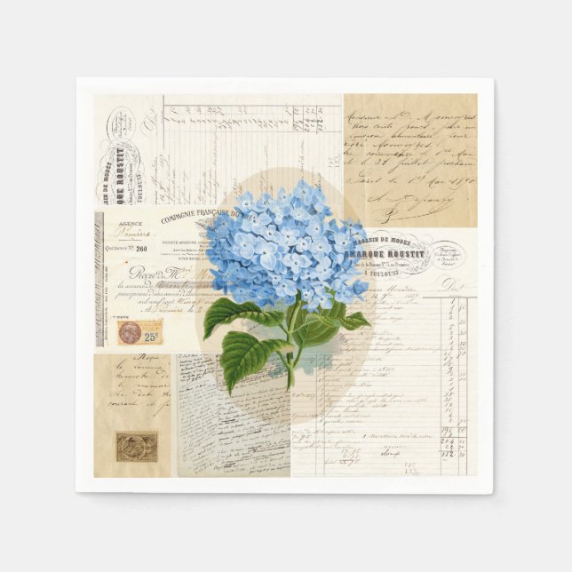 Vintage Blue Hydrangea French Ephemera Napkins (Front)