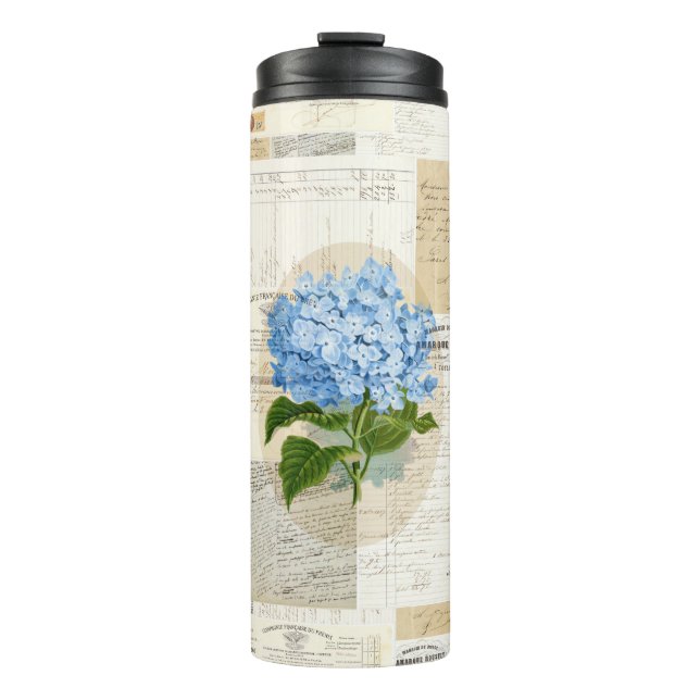 Vintage Blue Hydrangea French Ephemera Thermal Thermal Tumbler (Front)