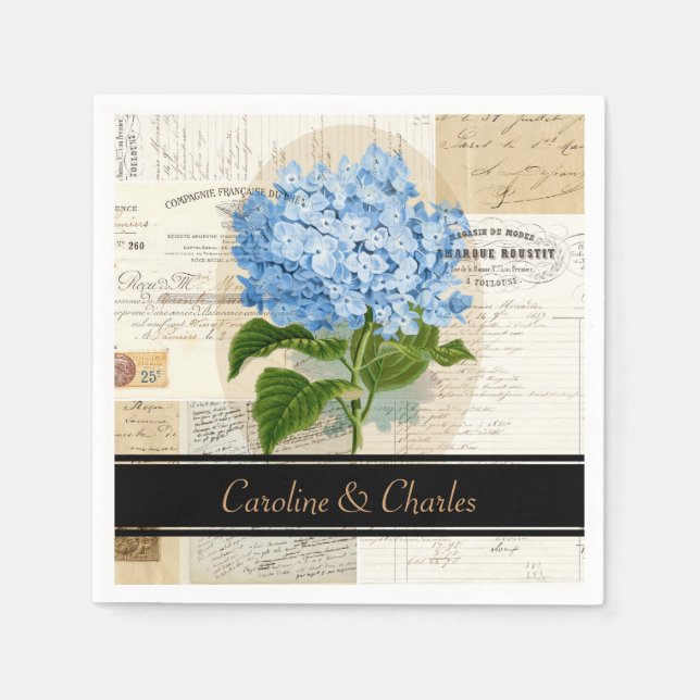 Vintage Blue Hydrangea French Wedding Napkins (Front)