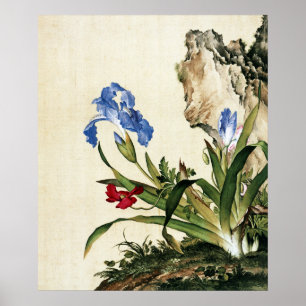 Vintage Blue Iris and Scholar Rock Art Print