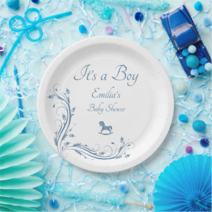 Vintage Blue Its a Boy Baby Shower  Floral Scrolls Paper Plate