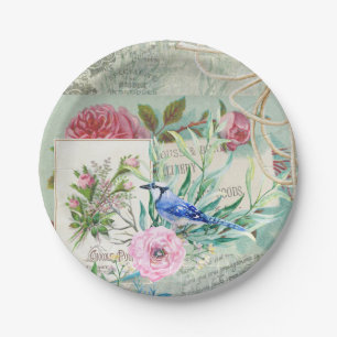 Vintage Blue Jay Bird Pink Rose Floral Collage Paper Plate