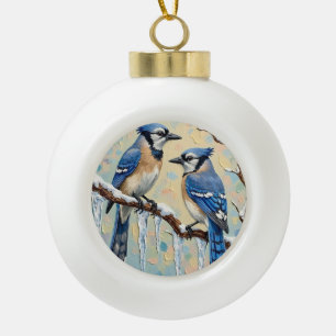 Vintage Blue Jays on Icicle Branch Christmas Art Ceramic Ball Christmas Ornament