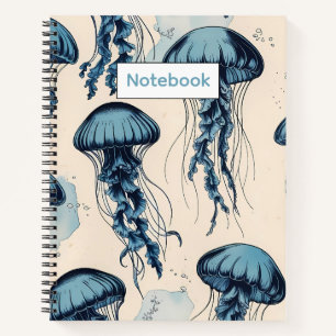 Vintage Blue Jellyfish Ocean Themed College Ruled Notebook