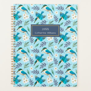 Vintage Blue Kingfisher Birds Floral Pattern Name Planner