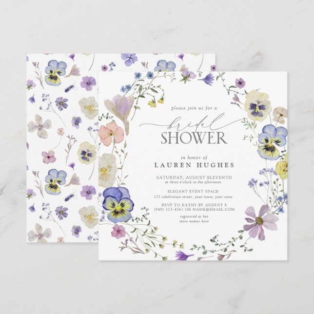 Vintage Blue Lavender Pressed Wildflower Shower  Invitation (Front/Back)