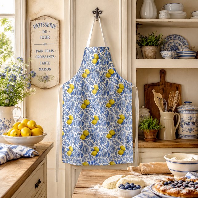 Vintage Blue Lemon Botanical Pattern Apron (Creator Uploaded)