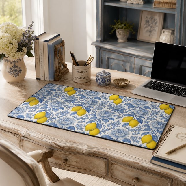 Vintage Blue Lemon Botanical Pattern Desk Mat (Creator Uploaded)