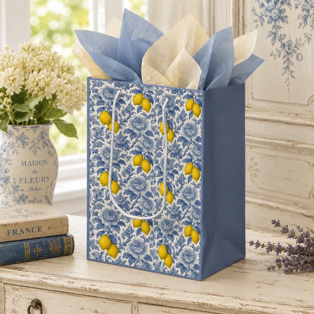 Vintage Blue Lemon Botanical Pattern Medium Gift Bag (Creator Uploaded)