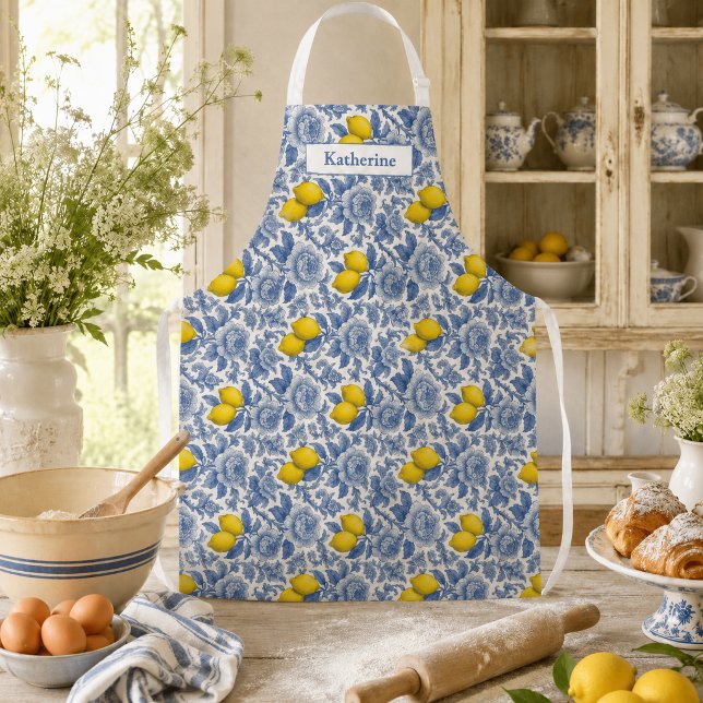 Vintage Blue Lemon Botanical Pattern Name Apron (Creator Uploaded)