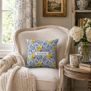 Vintage Blue Lemon Botanical Pattern Name Cushion