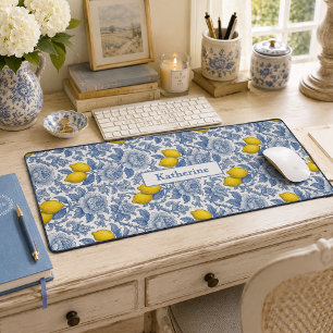 Vintage Blue Lemon Botanical Pattern Name Desk Mat
