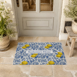 Vintage Blue Lemon Botanical Pattern Name Doormat