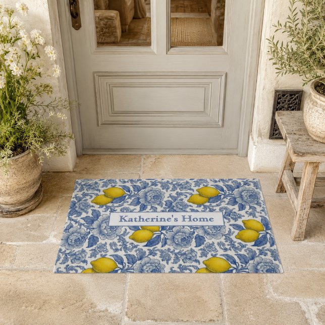 Vintage Blue Lemon Botanical Pattern Name Doormat (Creator Uploaded)