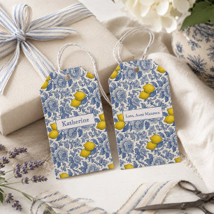 Vintage Blue Lemon Botanical Pattern Name Gift Tags