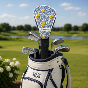 Vintage Blue Lemon Botanical Pattern Name Golf Head Cover