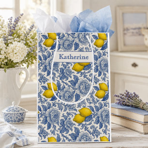 Vintage Blue Lemon Botanical Pattern Name Medium Gift Bag