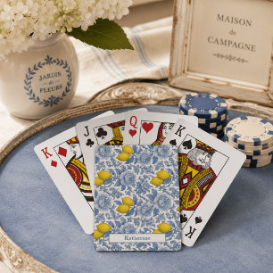 Vintage Blue Lemon Botanical Pattern Name Playing Cards