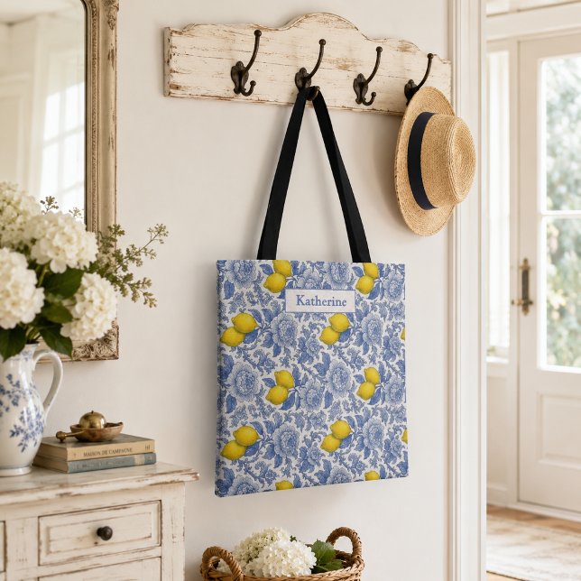 Vintage Blue Lemon Botanical Pattern Name Tote Bag (Creator Uploaded)