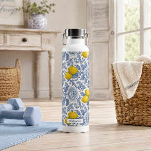 Vintage Blue Lemon Botanical Pattern Name Water Bottle