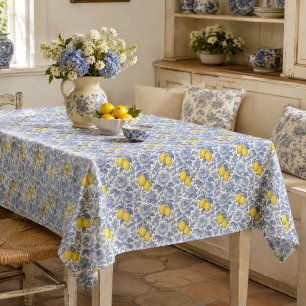 Vintage Blue Lemon Botanical Pattern Tablecloth