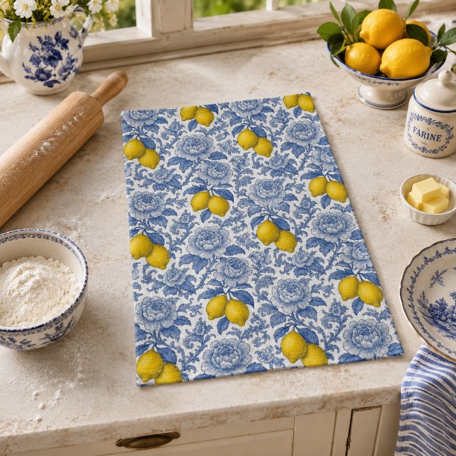 Vintage Blue Lemon Botanical Pattern Tea Towel (Creator Uploaded)
