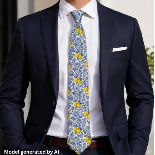 Vintage Blue Lemon Botanical Pattern Tie
