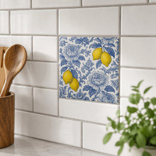 Vintage Blue Lemon Botanical Pattern Tile