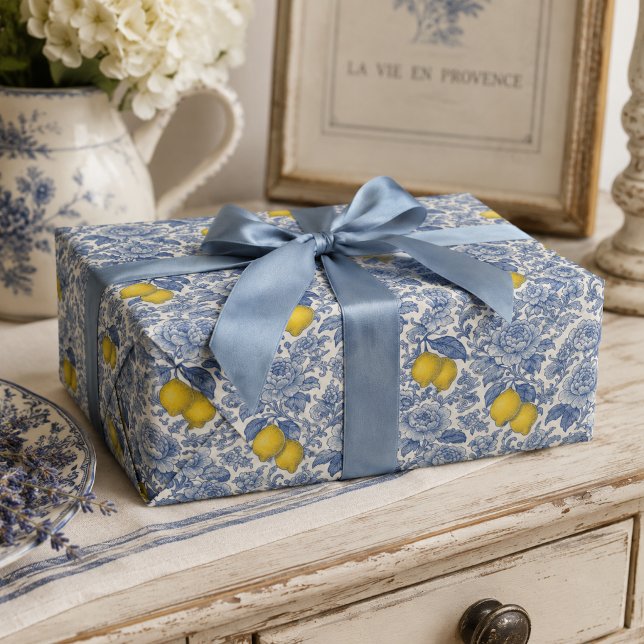 Vintage Blue Lemon Botanical Pattern Wrapping Paper (Creator Uploaded)