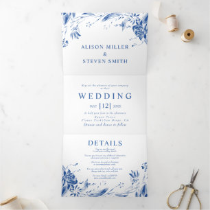 Vintage blue line art flowers photo wedding Tri-Fold invitation