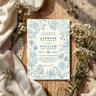 Vintage Blue Line Drawn Floral QR Code Wedding Invitation