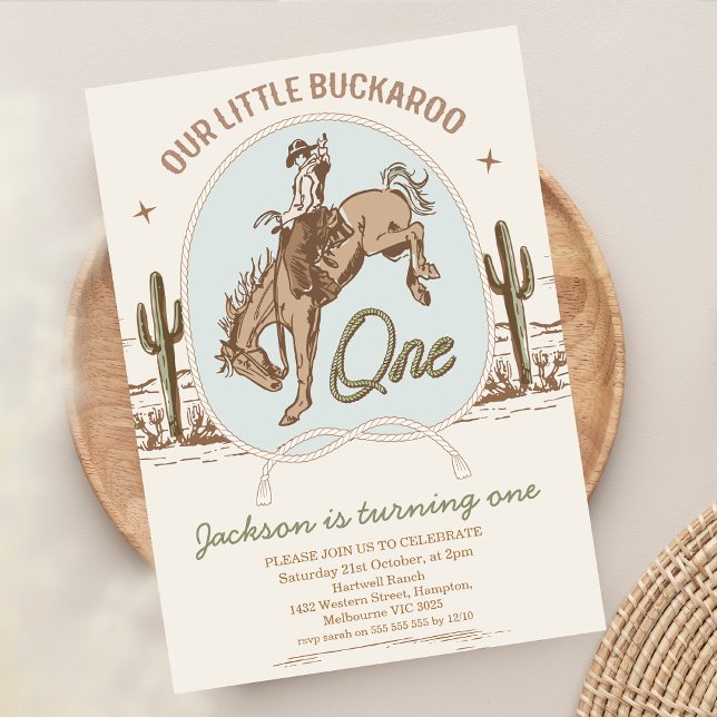 Vintage Blue Little Buckaroo Western 1st Birthday Invitation (Little Buckaroo 1st Birthday Invitation Boy, Desert Horse Wild West Rope text Cowboy 1st Birthday)