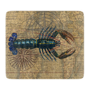 Vintage Blue Lobster Map Collage: Nautical Coastal Cutting Board