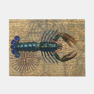 Vintage Blue Lobster Map Collage: Nautical Coastal Doormat