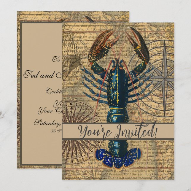 Vintage Blue Lobster Map Collage: Nautical Coastal Invitation (Front/Back)