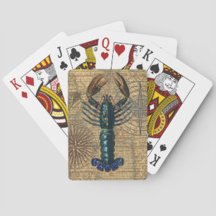 Vintage Blue Lobster Map Collage: Nautical Coastal Playing Cards