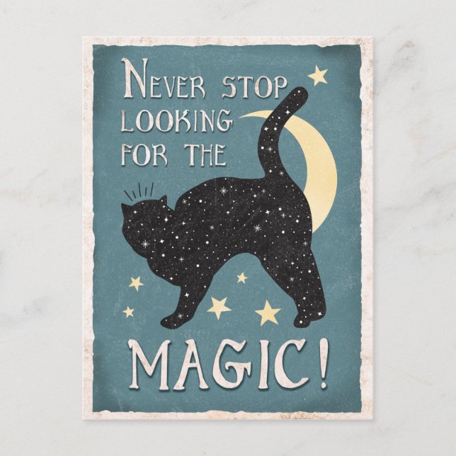 Vintage Blue Magic Black Cat Stars Moon Postcard (Front)